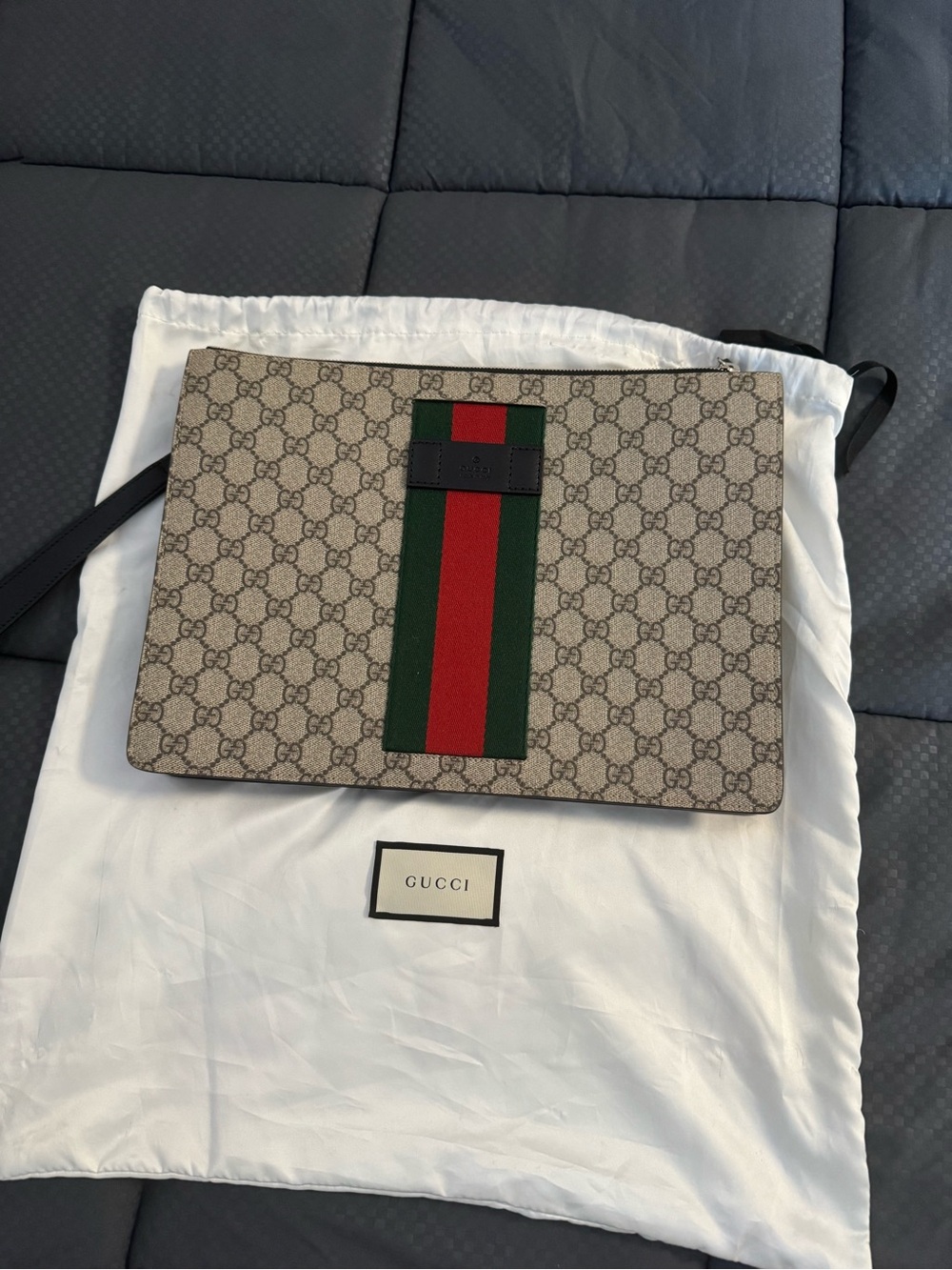 Gucci Beige GG Supreme Clutch with Green-Red Web Stripe